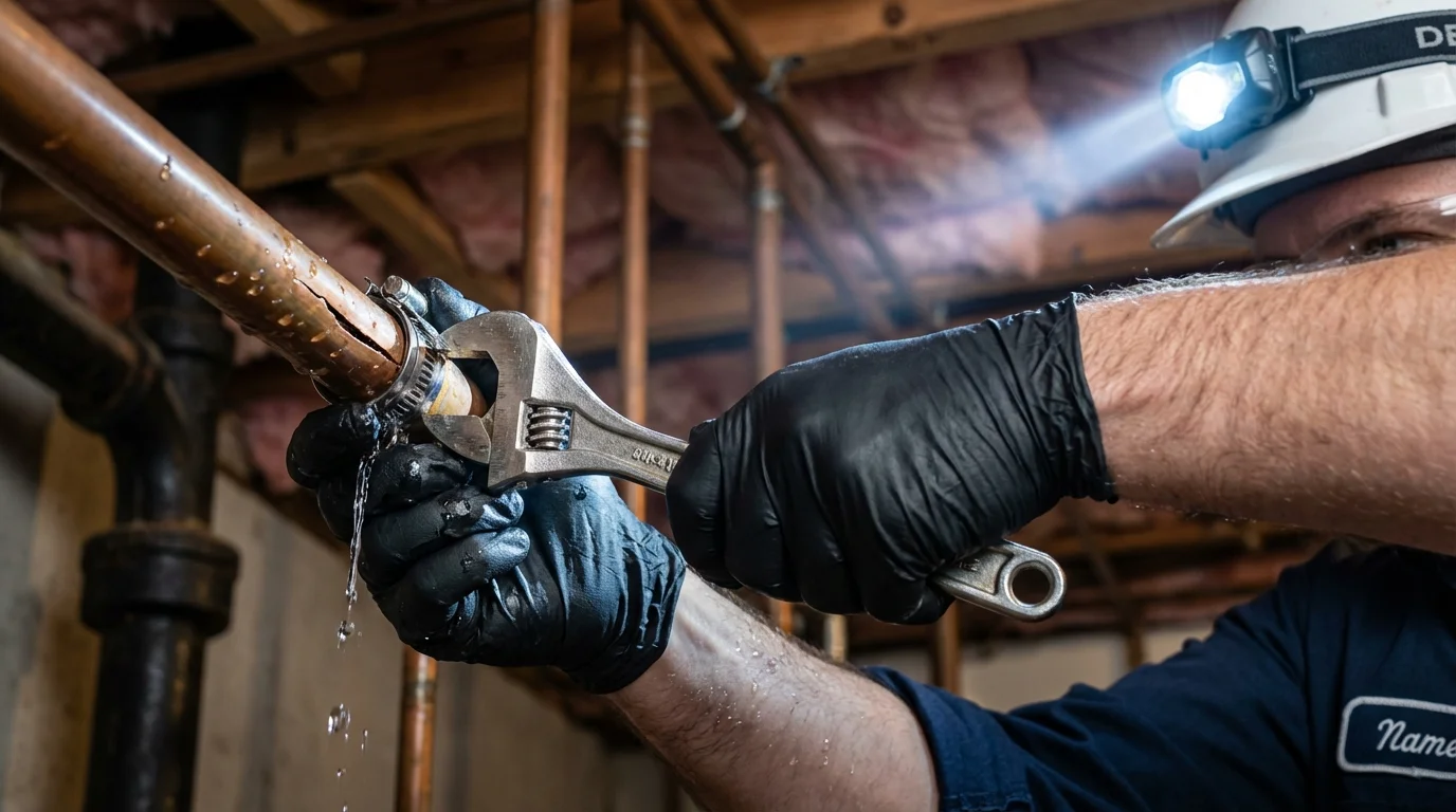 Emergency pipe clamp repair being performed by a Johns Plumbing LLC plumber in Monument