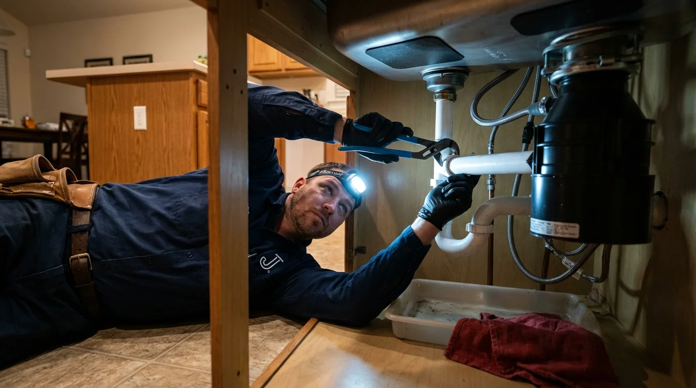 P-trap and supply line connections under a kitchen sink showing a common leak point in Monument, CO